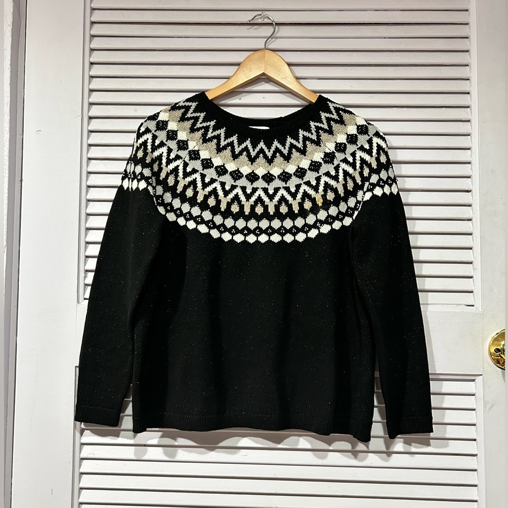 J.Jill Black Beaded Metallic Fair Isle Nordic pullover Sweater Small Petite